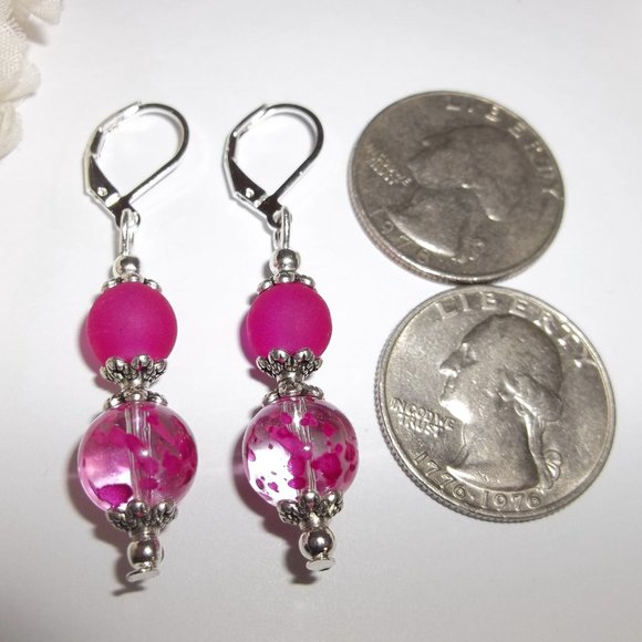 Magenta and Silver Earrings, Drop Earrings, Pink Earrings, Beaded Earrings, A102 - Picture 2 of 8